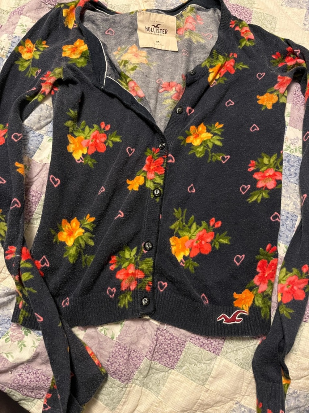 Hollister Navy Floral Button-Up Cardigan with Pink Heart Accents